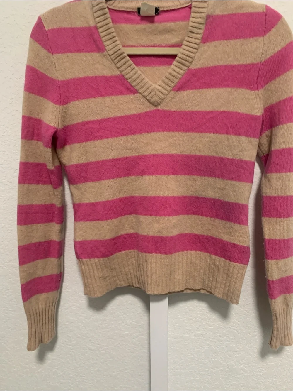 Y2K J. Crew Pink and Tan Striped V-Neck Wool Sweater